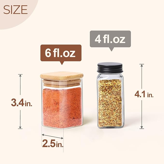 ComSaf 6Pcs 6 oz Spice Jars with Label Trial Set, Glass Spice Jars with Bamboo Lids Supplementary Set, Seasoning Container Trial Pack, Perfect for Ktichen Starter