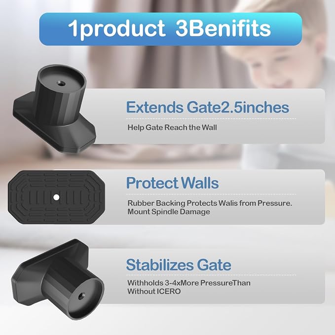 ICERO Baby Gate Extender Wall Protector (4 Pack) Pressure Mounted Gates Extension Kit Extends 1.1-3.5 inches Child Safety Gates and Protect Walls & Doorways from Pet & Dog Gates,Work on Stairs,Black