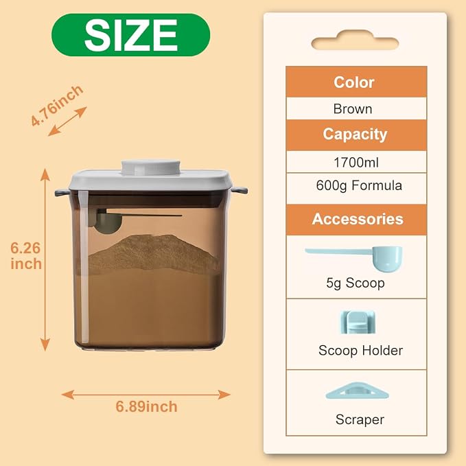Formula Container, 1700Ml/730g Airtight Formula Dispenser, One Button Handy Pop Up Food Containers Milk Powder Container, BPA-Free Food Storage Containers with Lids, Scoop and Scraper, Dark Brown