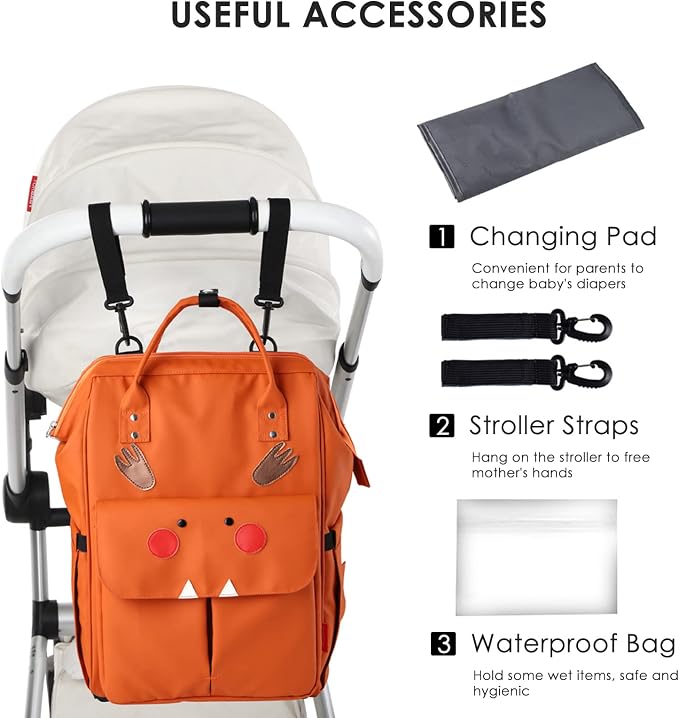 SONARIN Stylish Large Capacity Diaper Bag Backpack,Travel Nappy Changing Bag Mommy Bag with Changing Mat & Stroller Straps(Orange)