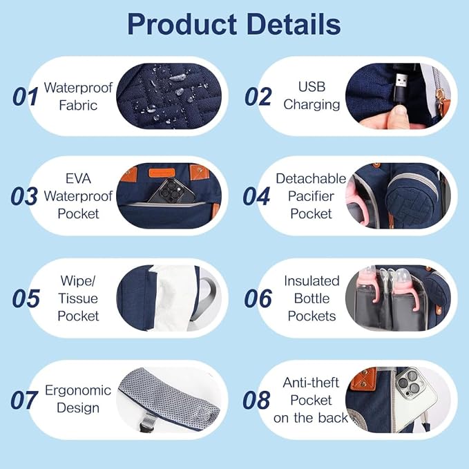 Diaper Bag With Changing Pad, Travel Waterproof Bagpack Diaper Bag For Mom Dad With USB Charging Port, Large Capacity & Multifunctional With Insulated Pacifier Case -Dark Blue