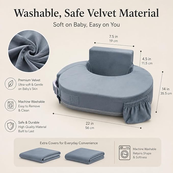 Deluxe Nursing Pillow with 2 Velvet Covers – Breastfeeding Pillow with Back Support, Adjustable Waist Strap, Storage Pocket & Travel Bag (Teal/Grey)