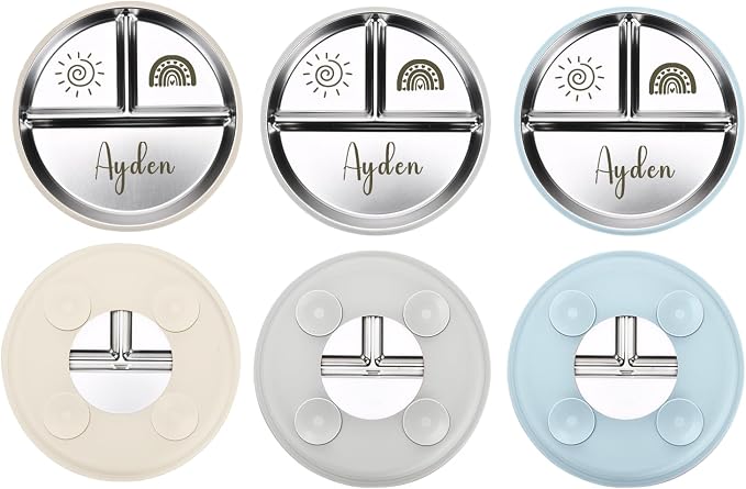 Personalized 3-Piece Personalized Stainless Steel Baby Divided Plates with Suction & Silicone Sleeve, Ideal for Showers & Birthdays,Baby Led Weaning Supplies, Dishwasher Safe (Gray Beige Blue)