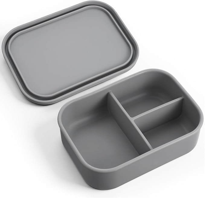 Layhit 1 Pcs Silicone Bento Box for Adults, 27 oz Bento Lunch Container Reusable Food Container for Women Men, Leak Proof Microwave Dishwasher Freezer Safe (3 Compartments,Dark Gray)