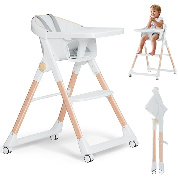 Baby High Chair, High Chairs for Babies and Toddlers, Convertible Folding High Chair with Removable Tray 5 Point Harness Footrest Detachable PU Cushion, Portable Highchair for Baby Toddlers