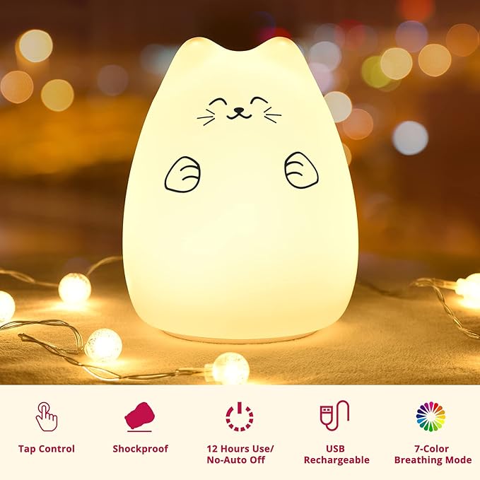 GoLine Cute Kawaii Kids Night Lights for Room Decor - Cat Lamp for Kids Bedroom Nursery, Best Christmas Birthday Gifts for Women Wife Teen Girls.