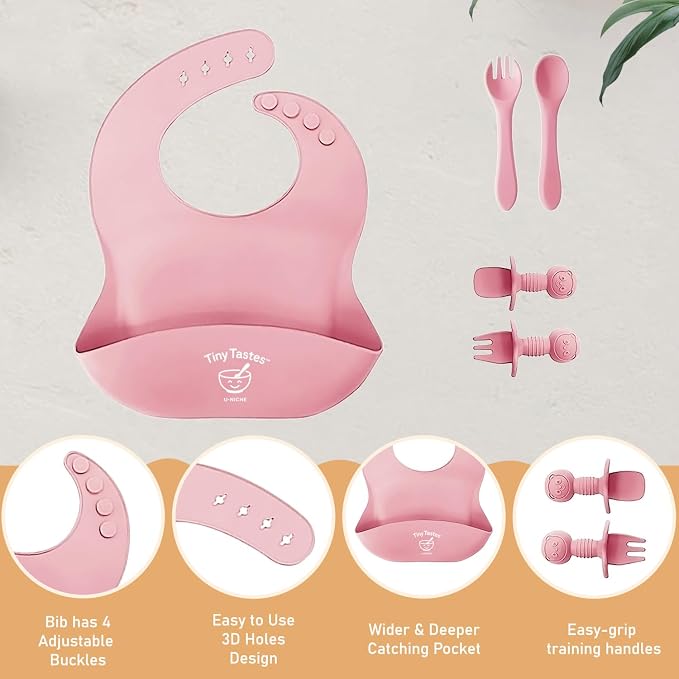 10-Piece Silicone Baby Feeding Set – BPA-Free, Spill-Proof Suction Plate, Bowl, Bib, Snack Cup & Utensils | Dishwasher Safe, Baby Gift Ready (Light Pink)