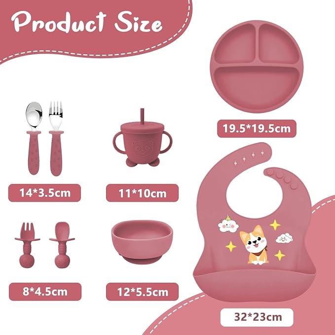 9PCS Silicone Feeding Set for Baby Led Weaning - Non Toxic Food Grade Suction Plates & Bowls, Soft Silicone Bibs with Pocket, Self Feeding Spoons & Utensils for 6-36 Months Infants Toddlers, Dishwashe
