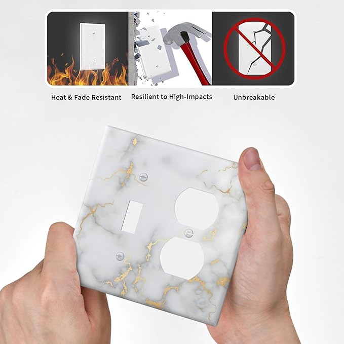 Luxury White And Gold Marble Abstract Modern Wallplates 1 Toggle 1 Duplex Switch Plate Electrical GFCI Faceplate Decorative Light Switch Covers for Bathroom Kitchen Decor
