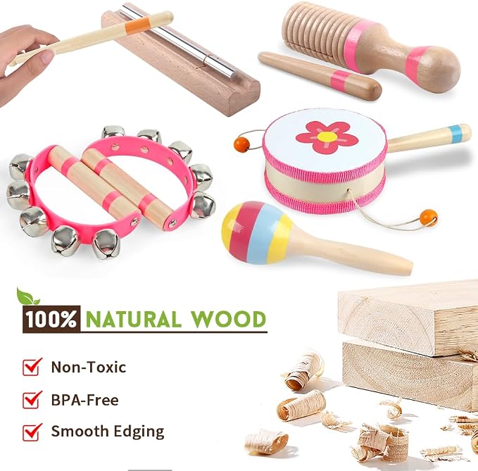 Toddlers Musical Instruments for 1 2 3 Year Old Girl,Baby Montessori Wooden Musical Toys for Toddlers1-3 Year Old,Kids Musical Toy for Preschool,Christmas Birthday Gift for Baby Girls (Pink 8 in 1)