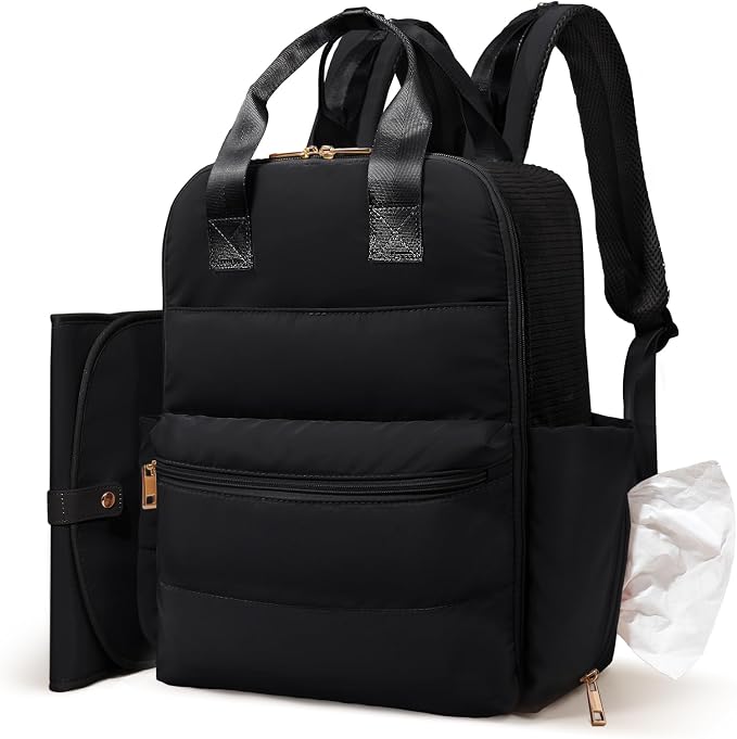MOMINSIDE Diaper Bag Backpack - Baby Essentials Travel Tote - Baby Diaper Bag, Travel Essentials Baby Bag Diaper Bags with Changing Pad, Stroller Straps，15 Pockets,4 Insulated Pockets,Black