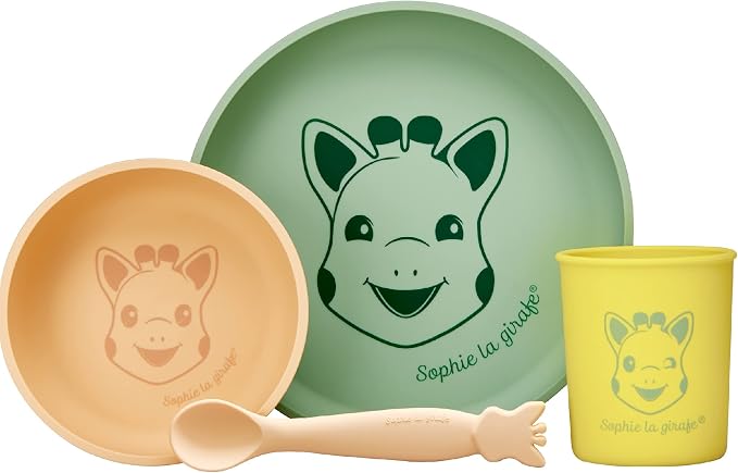 Sophie la girafe Silicone Baby Feeding Set, Includes Plate, Bowl, Cup, and Spoon, Dishwasher and Microwave Safe