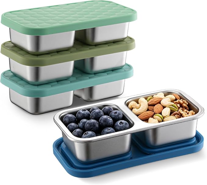 Tanjiae 10 oz Stainless Steel Snack Box for Kids & Toddlers, Multi-Compartment Small Leak Proof Food Containers with Silicone Lids - Reusable Metal Bento Box for Daycare, School, Travel, Camping