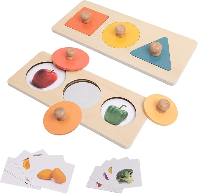 Twefex Baby Puzzles 12-18 Months - Montessori Multiple Shapes Knob Wooden Puzzles for Toddlers 1-3 - Peekaboo Photo Puzzle with Baby Mirror & 10 Real-Life Cards