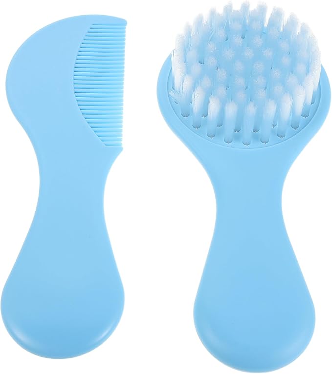 HEMOTON Hair Brush and Comb Grooming Set for Infants Soft Bristle Cradle Cap Brush with Blue Handle Gentle Bath and Comb Kit for Boys