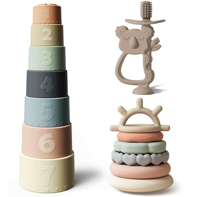 Moonkie Baby Toy Bundle | Stacking Cups & Rings + Koala Silicone Teether | 3-in-1 Educational & Teething Set for Babies 6-12 Months | Soft BPA-Free Silicone Toys for Learning, Teething & Play