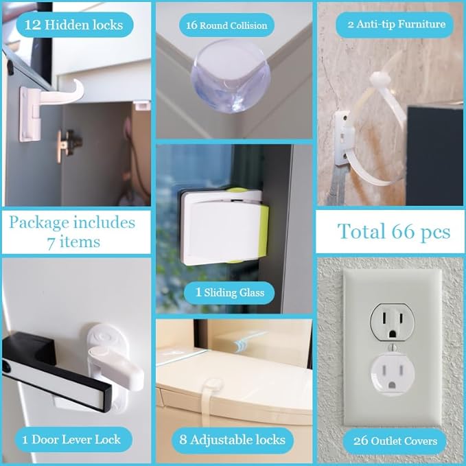 66 Pack Baby Proofing Kit | 12 Hidden Cabinet Drawer Locks, 8 Adjustable Latches, 26 Outlet Covers, 16 Corner Guards, 2 Anti Tip Furniture Anchors Kit, 1 Sliding Door Lock & 1 Door Lever Lock