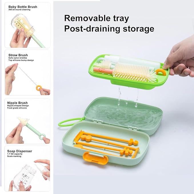 7in1 Travel Bottle Cleaner kit,Baby Essentials, with Bottle Brush?�Nipple Brush?�Straw Cleaner Brush?�Soap Dispenser?�Bottle Drying Rack?�Drainage Tray?�Storage Box,Baby Travel Essential (Green)