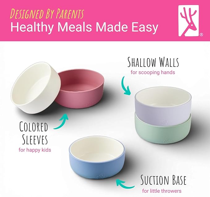 Elk and Friends Kids Porcelain Bowls with Silicone Suction Sleeves | Suitable for Babies/Toddlers | Microwave & Dishwasher Safe | Stay Put Dinnerware | Snack Dishes | 4 Pack