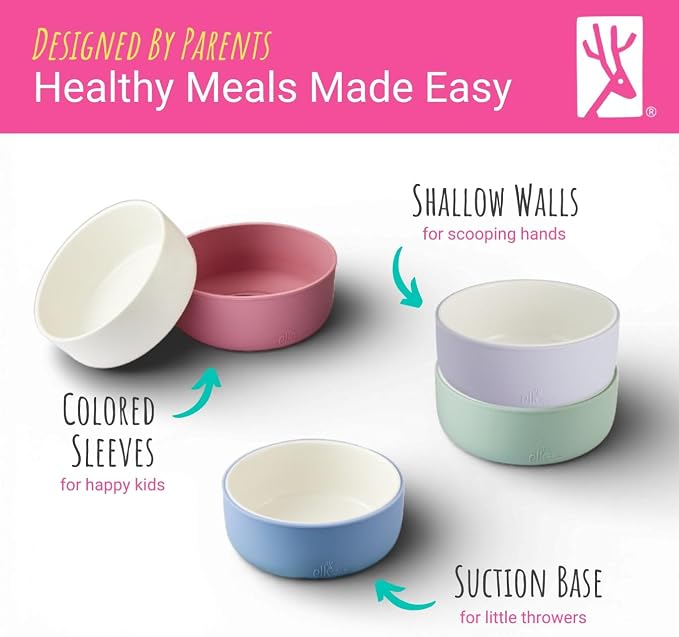 Elk and Friends Kids Porcelain Bowls with Silicone Suction Sleeves | Suitable for Babies/Toddlers | Microwave & Dishwasher Safe | Stay Put Dinnerware | Snack Dishes | 4 Pack