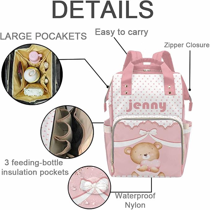 M YESCUSTOM Custom Cartoon Bear Diaper Bag Backpack Personalized Name Mommy Bag for Women Customized Gift for Mothers Day Pink