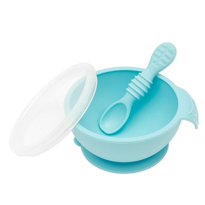 Bumkins Silicone Baby Feeding Set with Suction, Includes Spoon and Lid, Essential for Baby Led Weaning, Blue