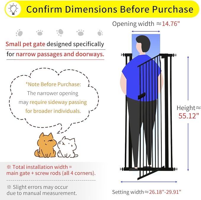 Lumizone Extra Tall Cat Gate 55.12" High Pressure Mounted 26.18"-29.91" Extra Wide 1.37" Gap No Drilling Auto-Close One-Handed Operation Tall Pet Gate for Dogs(Black, 55.12" H x 26.18"-29.91" W)