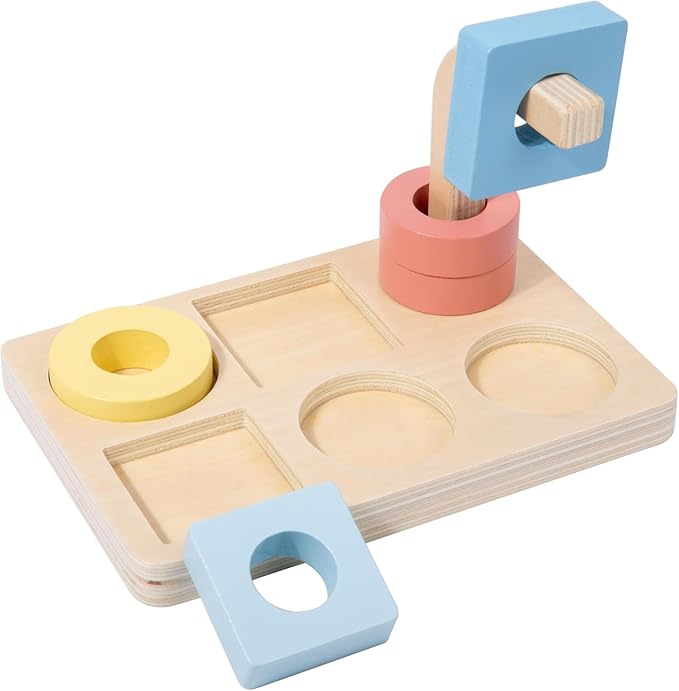 Adena Montessori Wooden Stacking and Sorting Ring,Wooden Rings on Peg,5 Shapes on Curved Peg Horizontal Dowel Variation,Baby Toddler Educational Eearly Learning Toys for 1 Year Olds Boy and Girl Gift