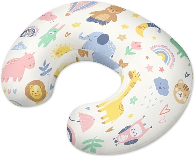 Cute Nursing Pillow Cover Stretchy and Soft Nursing Cover for Breastfeeding Pillows,Cartoon Animals Printed Pillow Slipcover for Baby Girls Boys Newborn White (Cover Only)