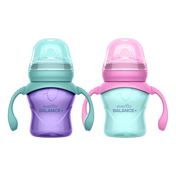 Evenflo Balance+ Trainer Cup with Ultra Soft Spout, Purple & Mint with Pink & Teal Handles, 5oz, 2 Pack, for 6+ Months