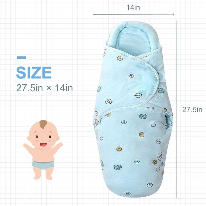 Premium Soft Cotton Baby Swaddle Blankets, Unisex Baby Blanket Wrap for Newborn Baby Boys Girls, Skin Friendly Wearable Swaddling Sleep Sack Calms Startle Reflex (Button, Blue, 3-6 Months)