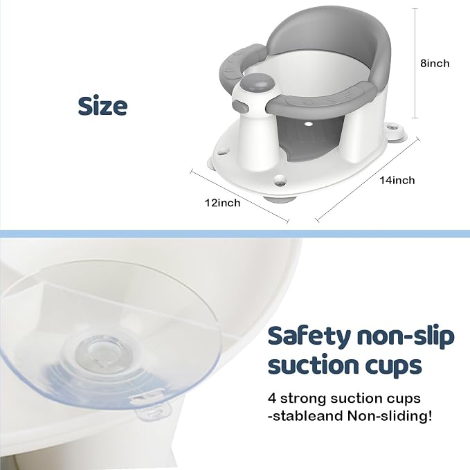 Baby Bath Seat for Babies 6 Months & Up - Baby Bath Seats for Babies Sitting Up | Non-Slip Baby Bath Chair with Cushion & Suction Cup | Toddler Bath Seat Newborn Infants Baby Bathtub Seat (Grey)