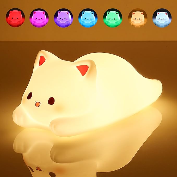 LOVERUIS Cute Night Light for Kids Cat Night-Light Baby Girl Squishy NightLight 1/3 Hour Timer Kitty Light Baby Dimmable Nursery Lamp Colorful Nightlight Gift for Kid Toddler Kawaii Bedroom (Kiki)