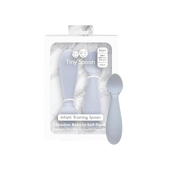 ezpz Baby Feeding Bundle – Tiny Spoon (2-Pack, Pewter) + Gumline Feeder (Sage) – 100% Silicone Baby-Led Weaning Set for 4–6+ Months – Infant Feeding Essentials