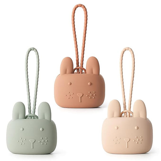 ROCCED Pacifier Holder Case Silicone Bunny Design Pacifiers Pouch with Soft Silicone Strap, Travel Storage for Stroller & Diaper Bag, Pacifier Holder Pouch for Baby, Set of 3 Beige Dusty Green Brown