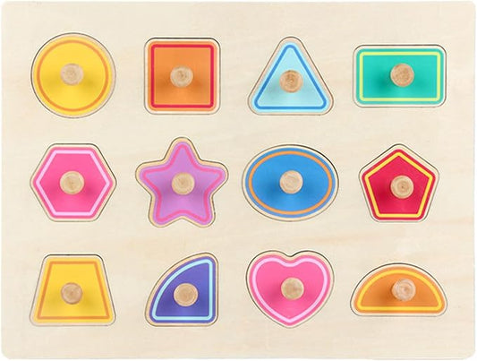 Montessori Wooden Peg Puzzle, Zoo Animal Shape Matching Board with Large Knobs,Model g
