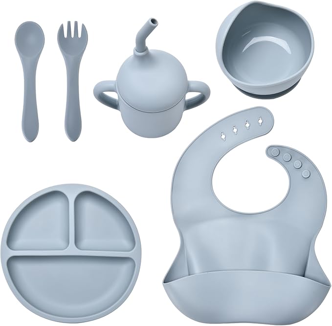 Baby Silicone Feeding Set, Baby Weaning Set, Baby Essentials, Includes Baby Spoons, Baby Bibs, Suction Plates for Babyï¼?Baby Bowls, Food Grade Silicone, BPA Free (A-1)