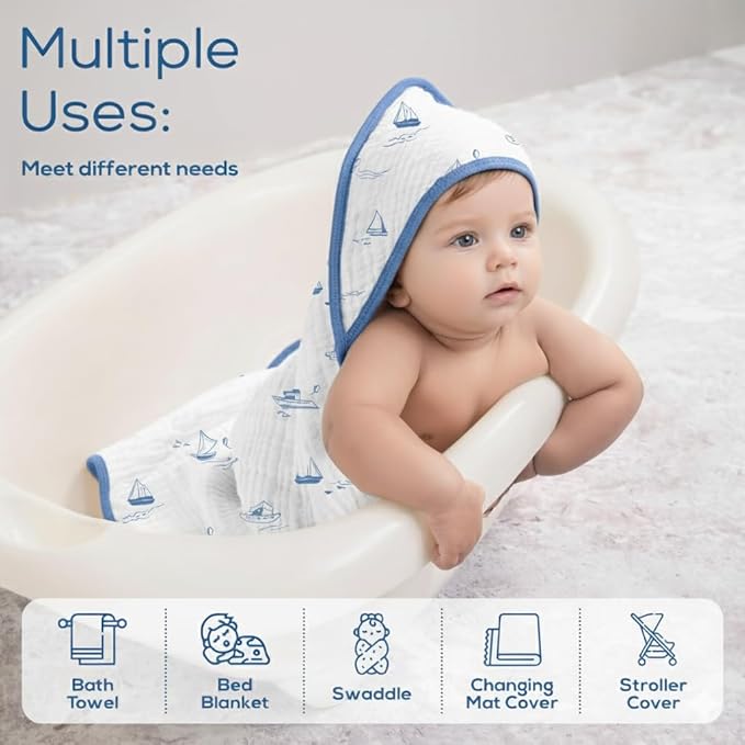 Muslin Hooded Baby Towels for Newborns, 32"x32", 100% Cotton ??6 Layers Super Soft Absorbent Breathable, Baby Bath Towel, Toddler Bath Towel ??Pack of 2