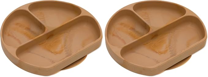 Bumkins Toddler and Baby Suction Plate, Silicone Divided Grip Dish for Babies and Kids, Baby Led Weaning, Children Feeding Supplies, Non Skid Sticky Bottom, Platinum Silicone, 6 Months Up, Woodgrain