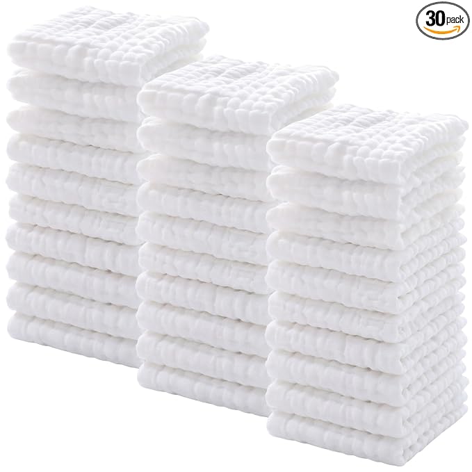 Chumia 30 Pcs Baby Muslin Washcloths Muslin Burp Cloths Baby Towel Natural Cotton Burp Cloths Wipes Soft Newborn Face Towel Absorbent for Face Bath Shower, 12 x 12'' (White)