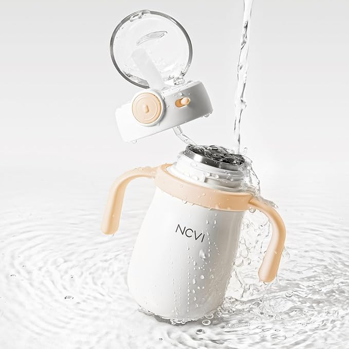 NCVI Kids Stainless Steel Straw Cup for Toddlers 1-3 Years Old, Training Tumbler with Straw Spill Proof with Handle, Insulated Bottle to Keep Cold Warm for Water/Milk/Drink, Yellow 10oz,Christmas Gift