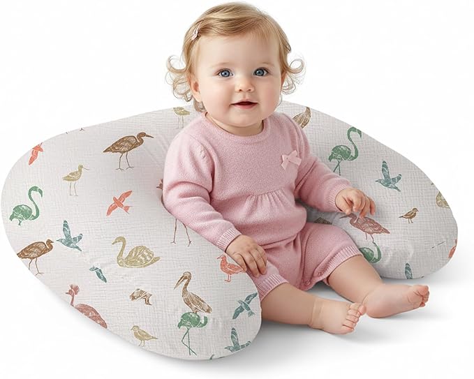 Little Grape Land Nursing Pillow, Breast Feeding Pillows, 100% Cotton Muslin Cover Baby Support Pillow for Bottle Feeding, Sitting, Tummy Time, Machine Washable Cover (Wetland Bird, Upgraded Model)