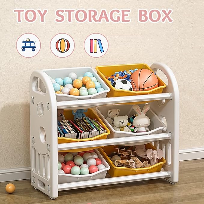 Kids Toy Organizer with 6 Storage Bins, Toy Organizer and Storage for Kids’ Toys, Children Toy Storage Organizer for Playroom, Kids Room, Nursery Room (Yellow)