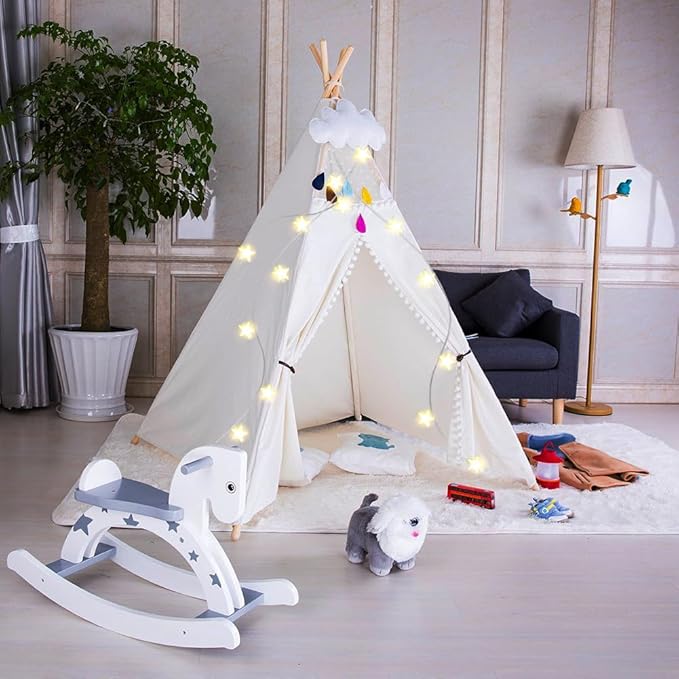 Teepee Tent with Star Lights & Carry Case, Luxury Lace Washable Foldable Toddler 100% Cotton Play Tent for Indoor Outdoor Party Girls & Boys, White