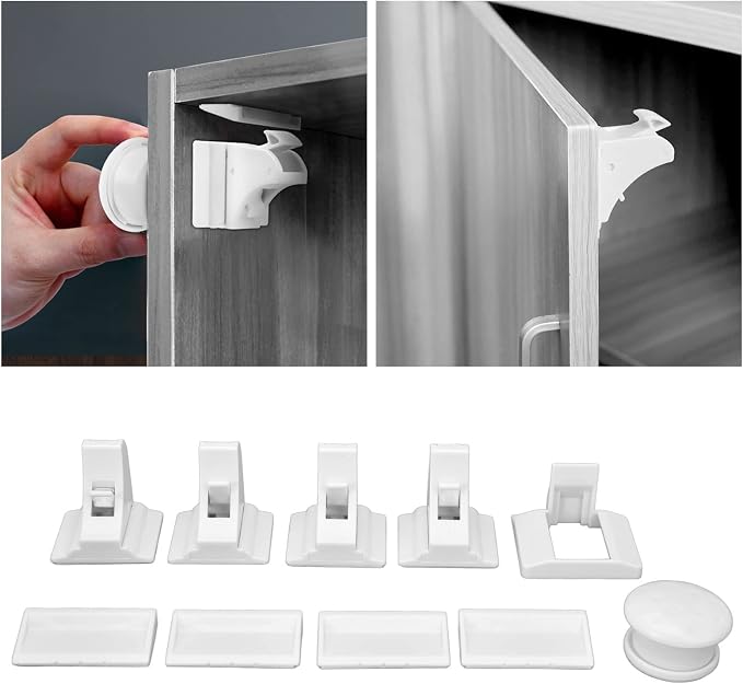 Multifunctional Magnetic Drawer Lock Babyproofing Cabinet Locks, Easy Installation, for Baby Cabinet Doors, [4] + [1] Key