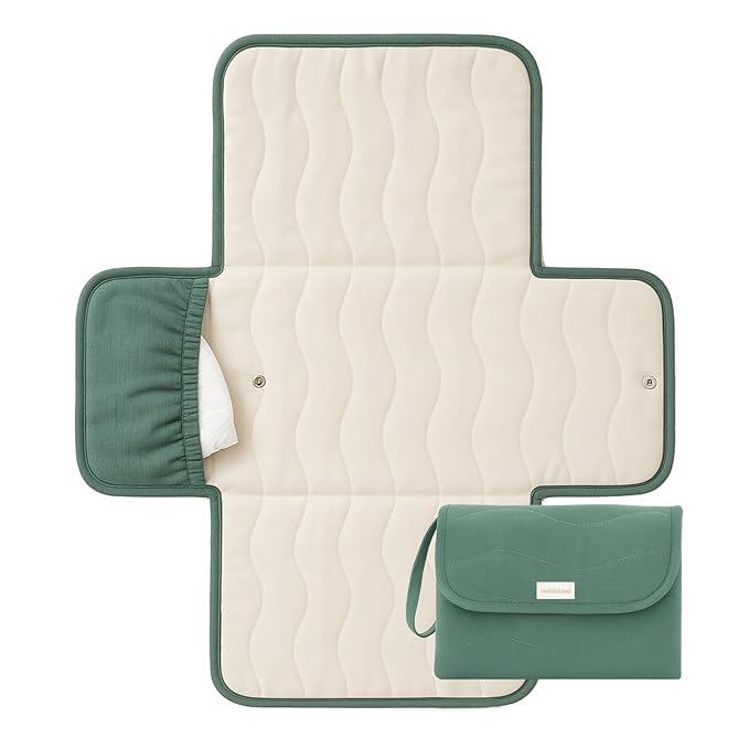 Toddlekind Mini Maven Portable Changing Pad ??Organic Cotton & Water-Resistant Polyester ??Travel-Friendly, Foldable Change Mat ??Forest Green Stripes with Wave Stitching ??Chic, Durable, Easy Clean