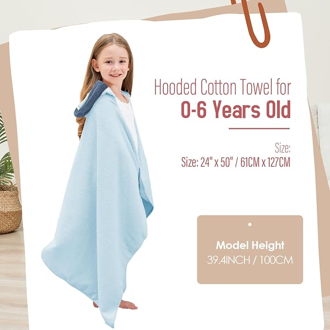 Style Quarters Bath Towel,Kids Hooded Bath Towel Blue Cotton 50x24 Inch - Baby Beach Pool Swim Towel with Hood for Boys and Girls, Absorbent Bath Wrap for Toddler
