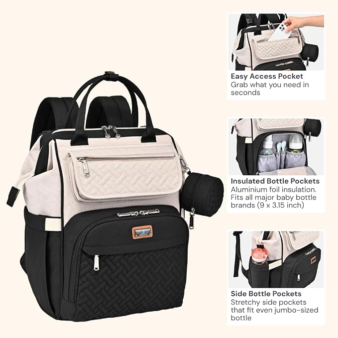 BabbleRoo Diaper Bag Backpack, Multifunction Nappy Changing Bag with Changing Pad, Stroller Straps & Pacifier Case, Unisex Stylish Travel Back Pack for Moms & Dads – Apricot & Black