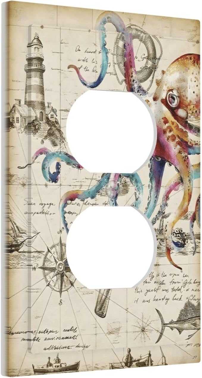 Cool Colorful Nautical Octopus Ocean Kraken Vintage Outlet Covers 1 Gang Duplex Light Switch Cover Decorative Switch Plates Electrical Receptacle Faceplate Wall Plate for Bathroom Farmhouse Decor