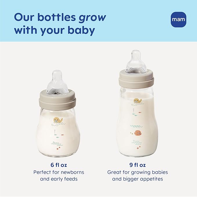 MAM 9oz Premium Glass Wide Neck Baby Bottle with Medium Flow Breastfeeding-Like Silicone Nipple, Easy to Clean, BPA Free, 2+ Months, Easy Switch Between Breast and Bottle, Made in Europe, 3 Pack